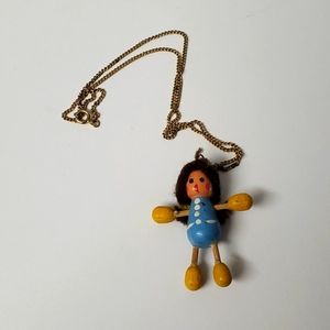 Adorable vintage old wood and mixed media girl pendant on old chain